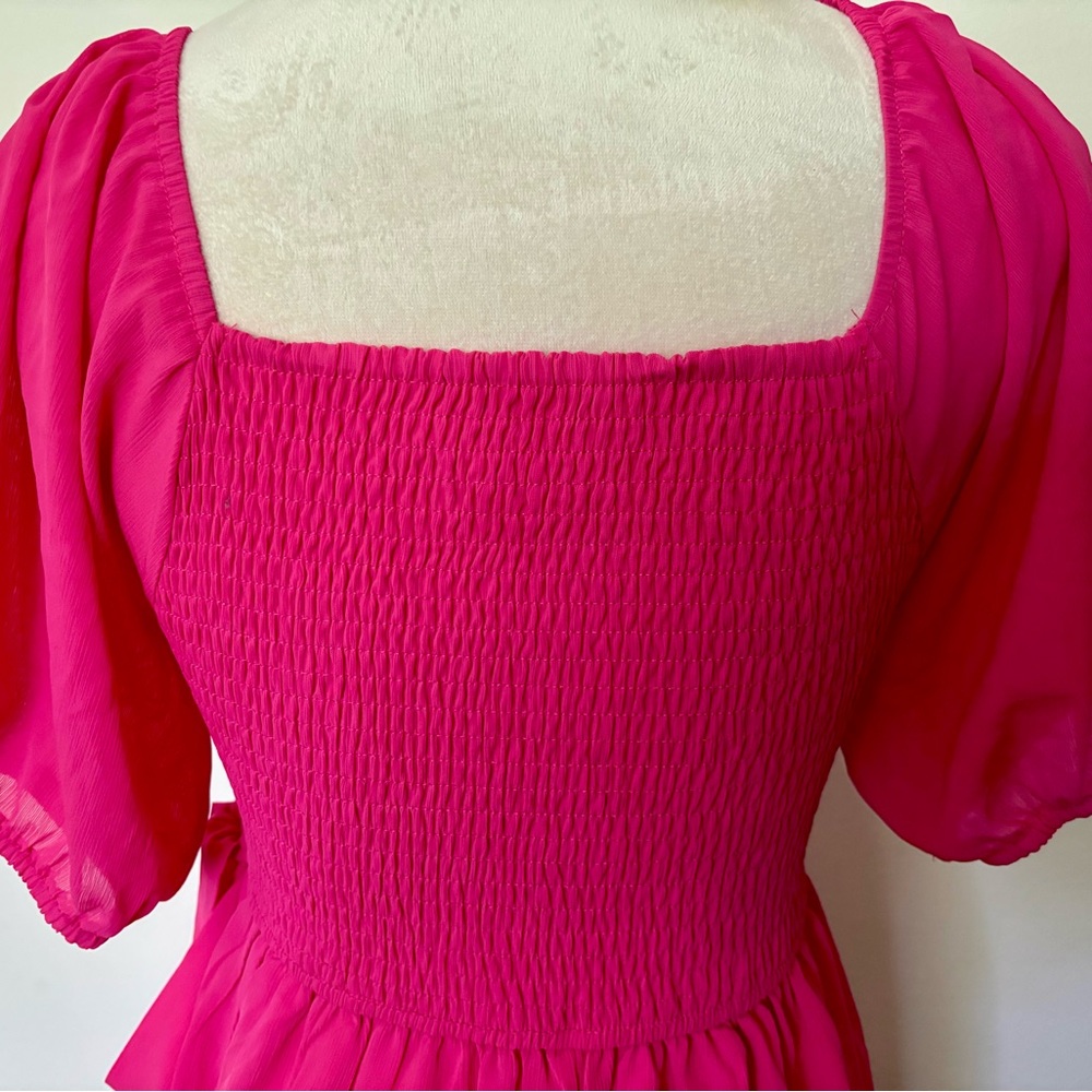 NWOT Kikibell Sz XS Hot Pink Fuchsia Faux Wrap Mini Dress w Bell Puff Sleeves - Picture 7 of 12